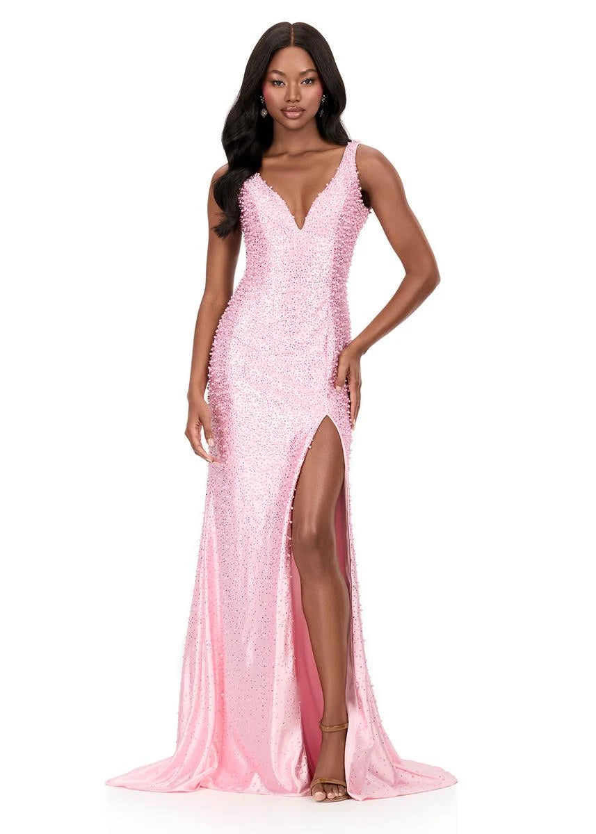 Glamorous Sheath Deep V-Neck Sleeveless Beaded Pink Floor-Length Prom Dresses for Women