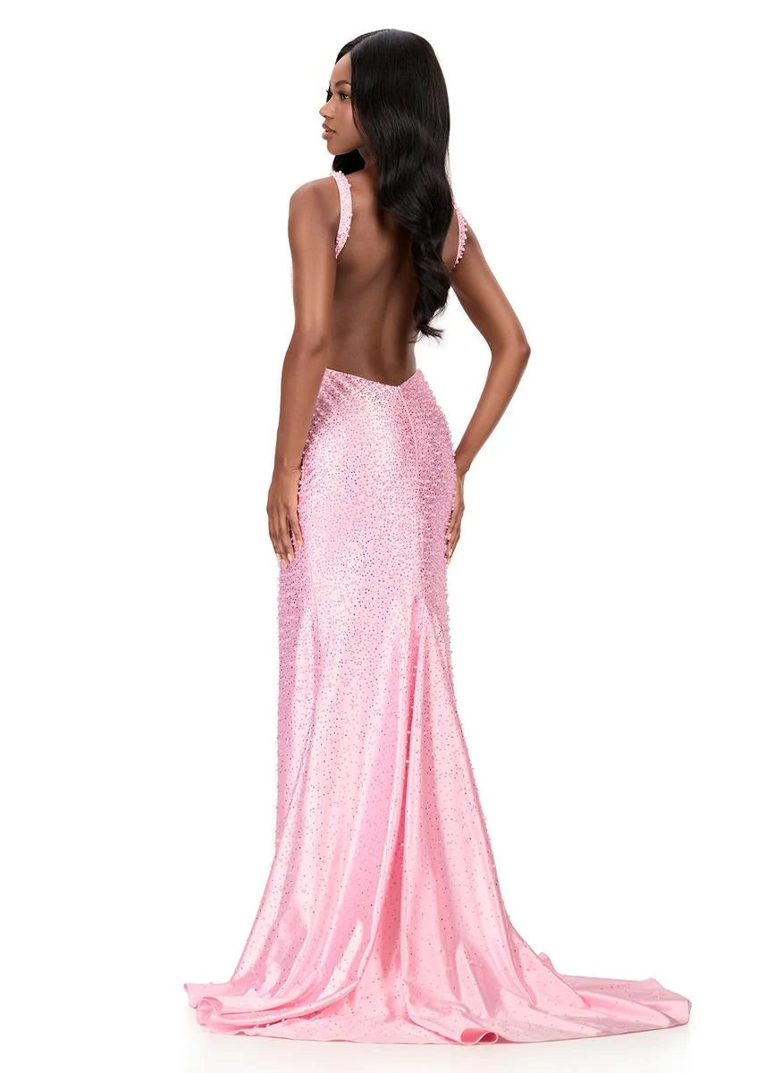 Glamorous Sheath Deep V-Neck Sleeveless Beaded Pink Floor-Length Prom Dresses for Women