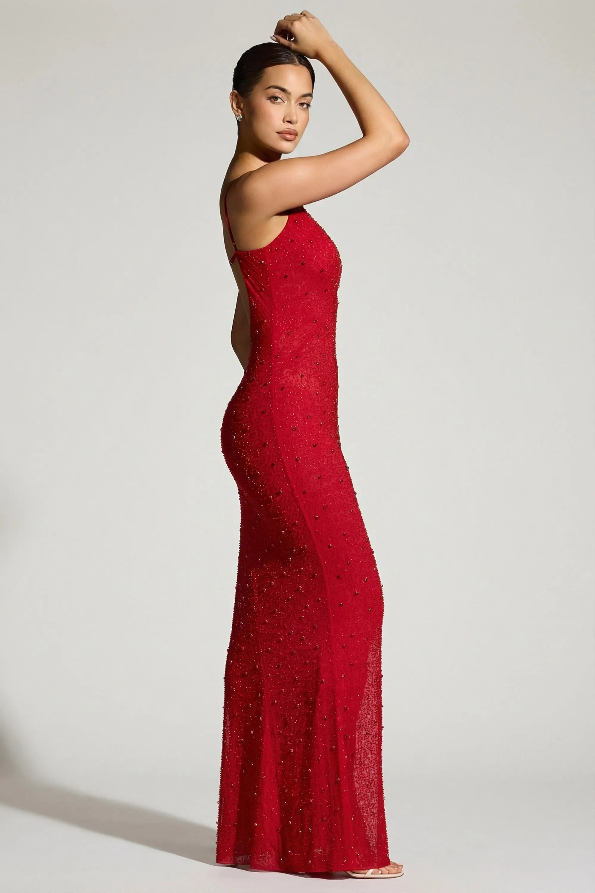 Glamorous Sheath Deep V-Neck Sleeveless Beaded Red Long Prom Dress for Women