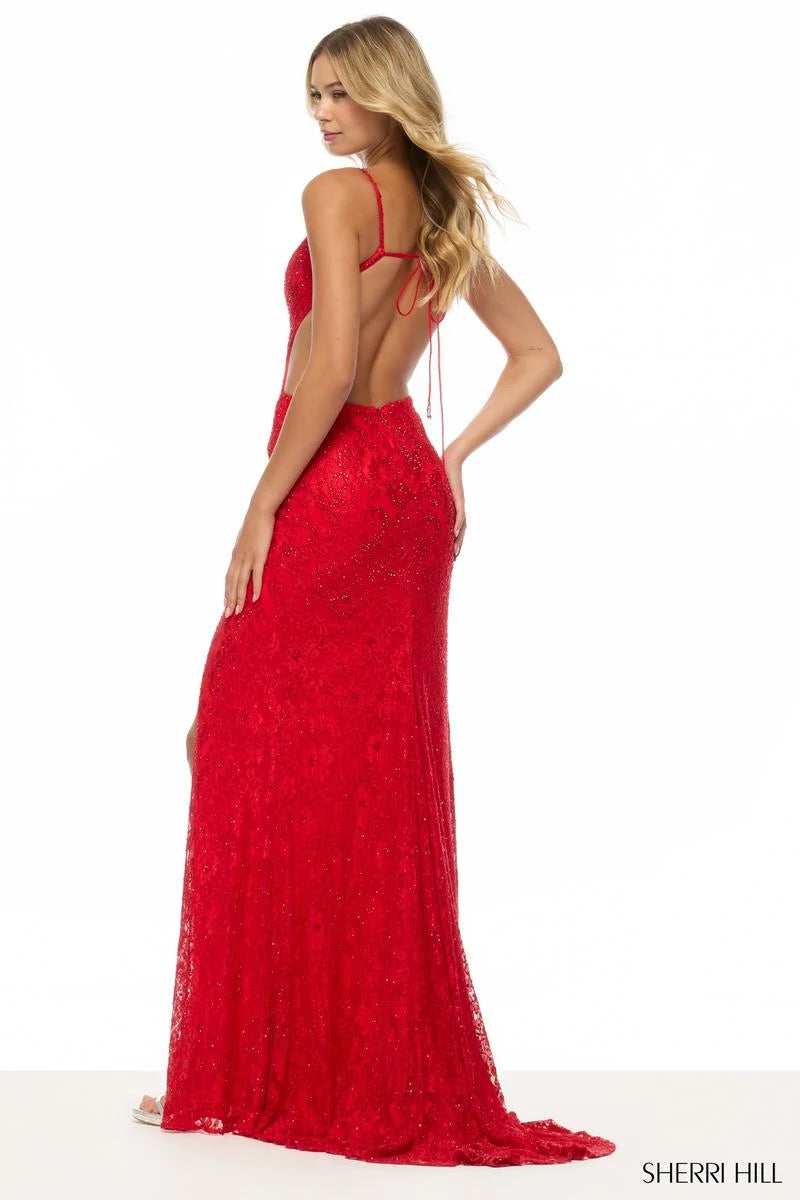 Glamorous Sheath Deep V-Neck Sleeveless Beaded Slit Red Floor-Length Prom Dress