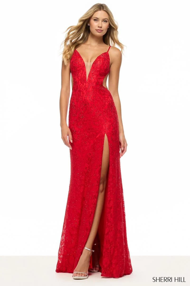 Glamorous Sheath Deep V-Neck Sleeveless Beaded Slit Red Floor-Length Prom Dress