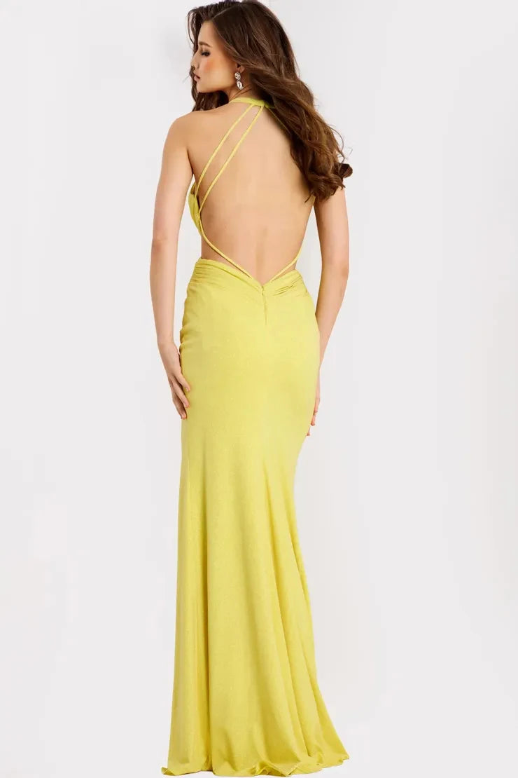 Glamorous Sheath Halter Sleeveless Backless Cutout Yellow Long Prom Dresses Women Gown