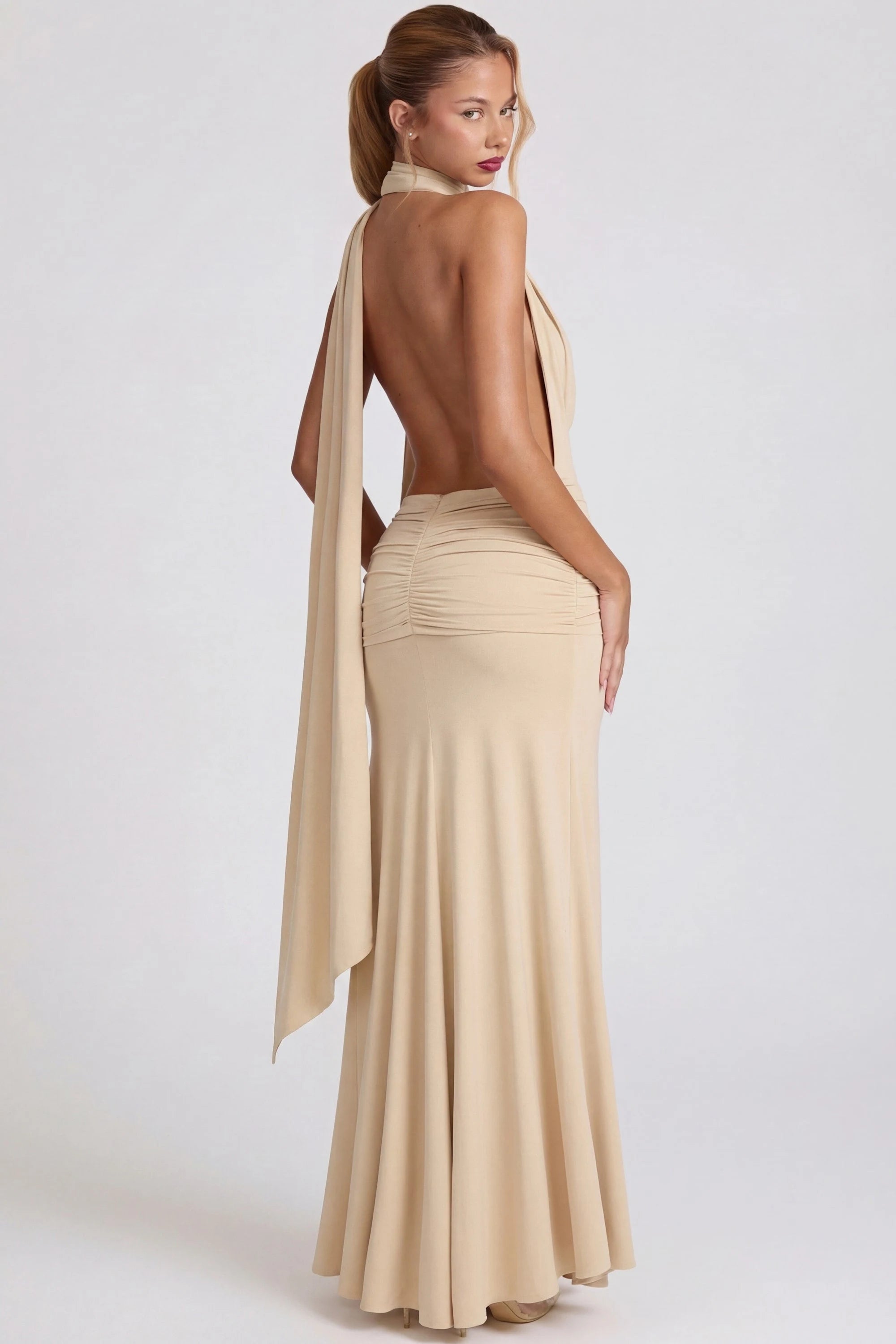 Glamorous Sheath Halter Sleeveless Backless High Slit Nude Floor-Length Prom Dress