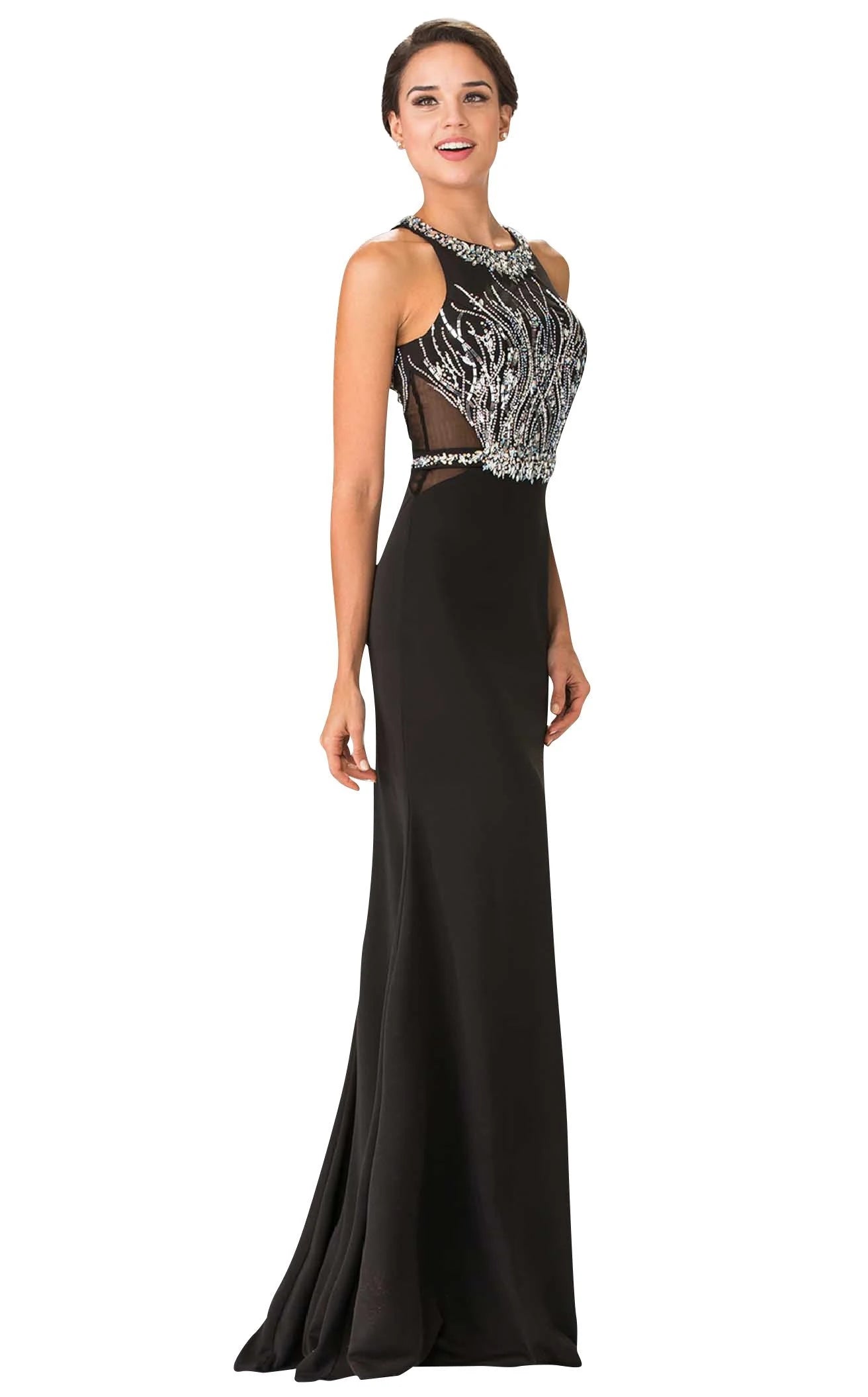 Glamorous Sheath Halter Sleeveless Beaded Illusion Black Floor-Length Prom Gown