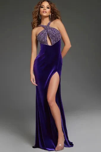Glamorous Sheath Halter Sleeveless Beaded Slit Purple Long Prom Dresses Gown