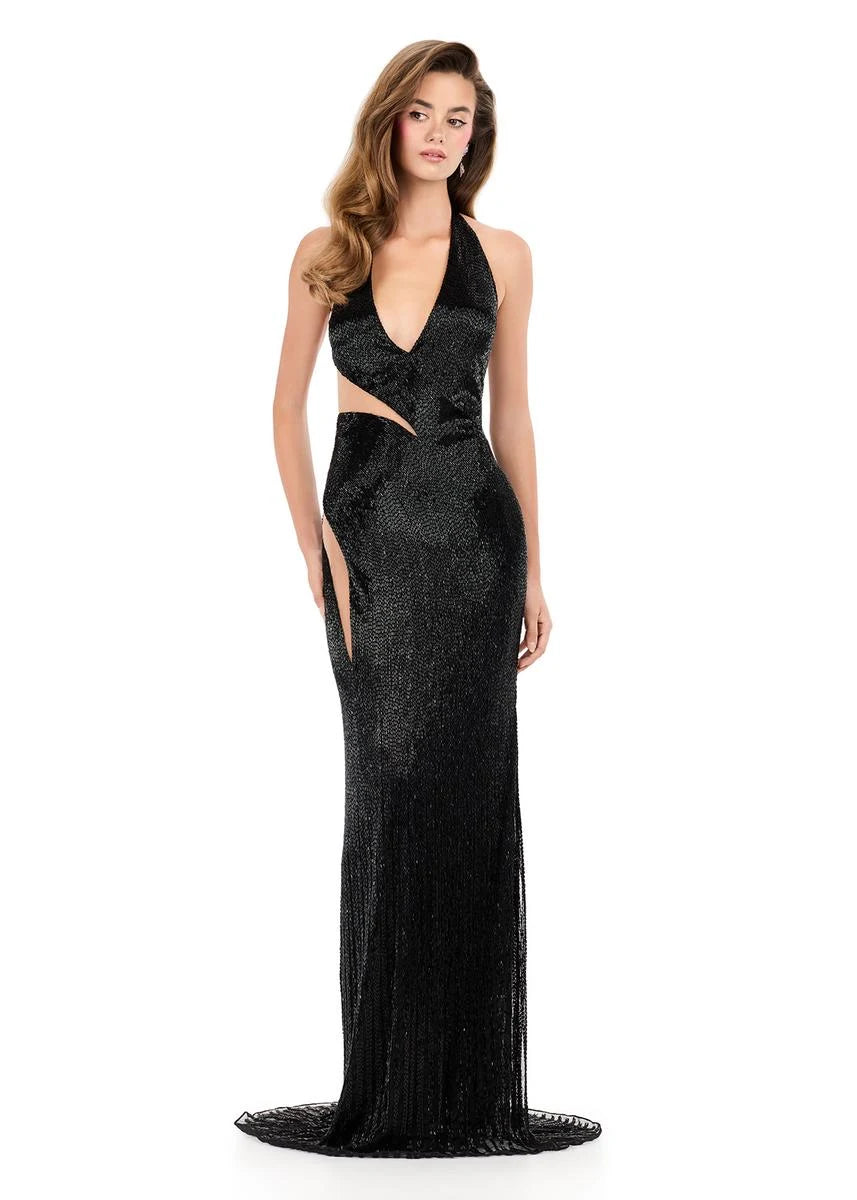Glamorous Sheath Halter Sleeveless Cutout Backless Black Floor-Length Prom Gown