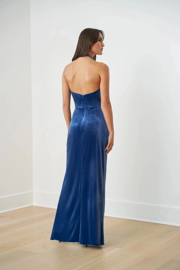 Glamorous Sheath Halter Sleeveless High Slit Deep Blue Floor-Length Prom Gown
