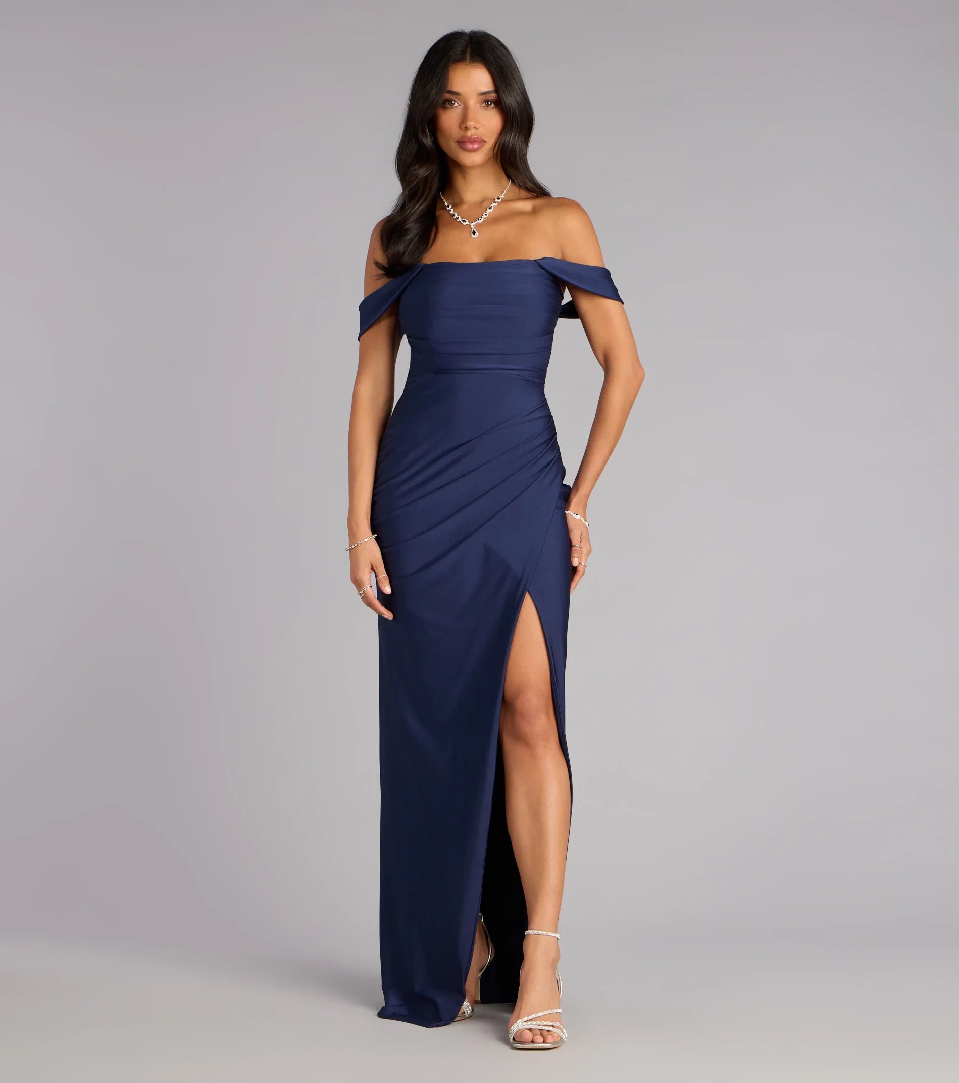 Glamorous Sheath Off-Shoulder Draped Slit Navy Floor-Length Prom Dress