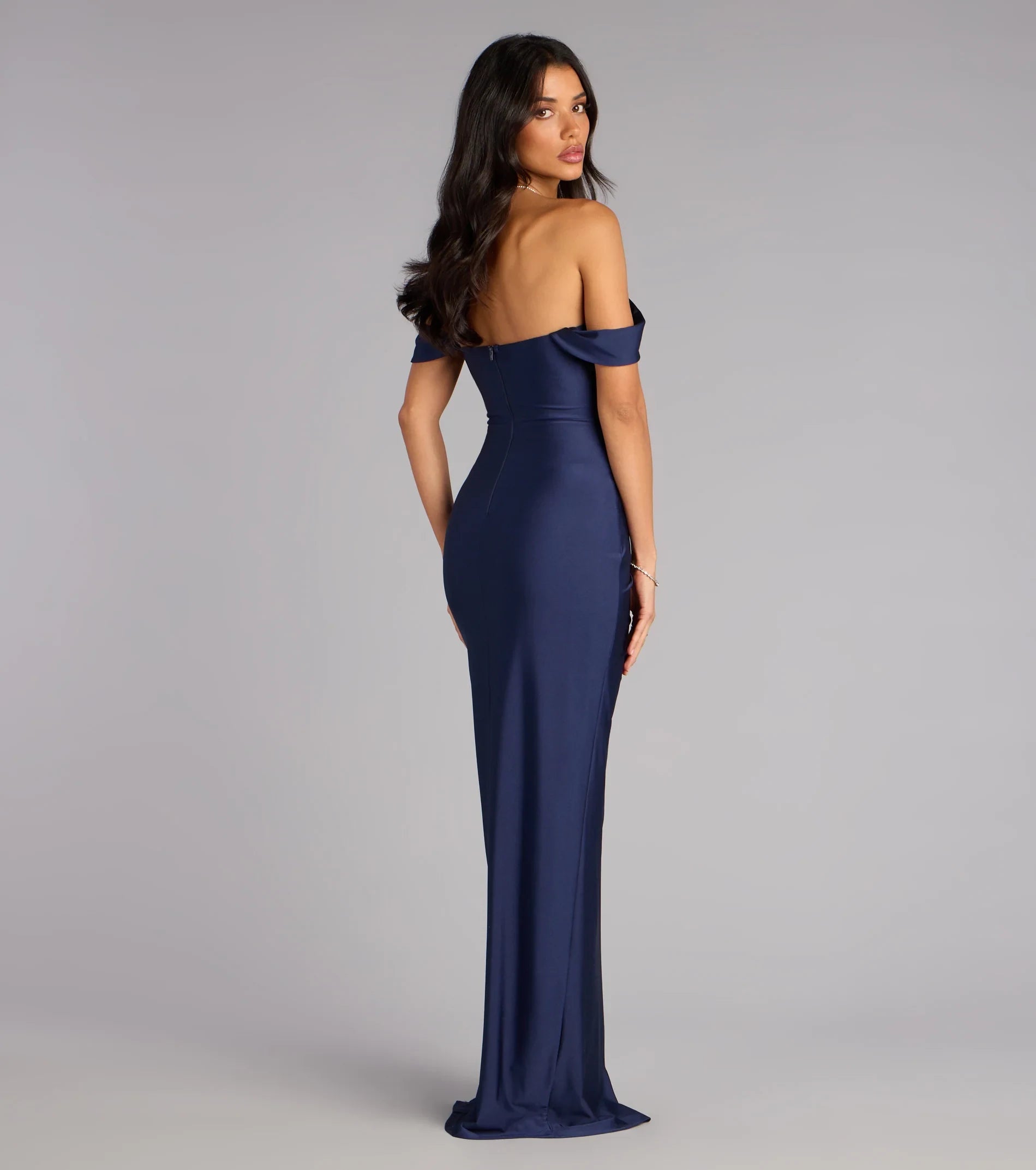 Glamorous Sheath Off-Shoulder Draped Slit Navy Floor-Length Prom Dress