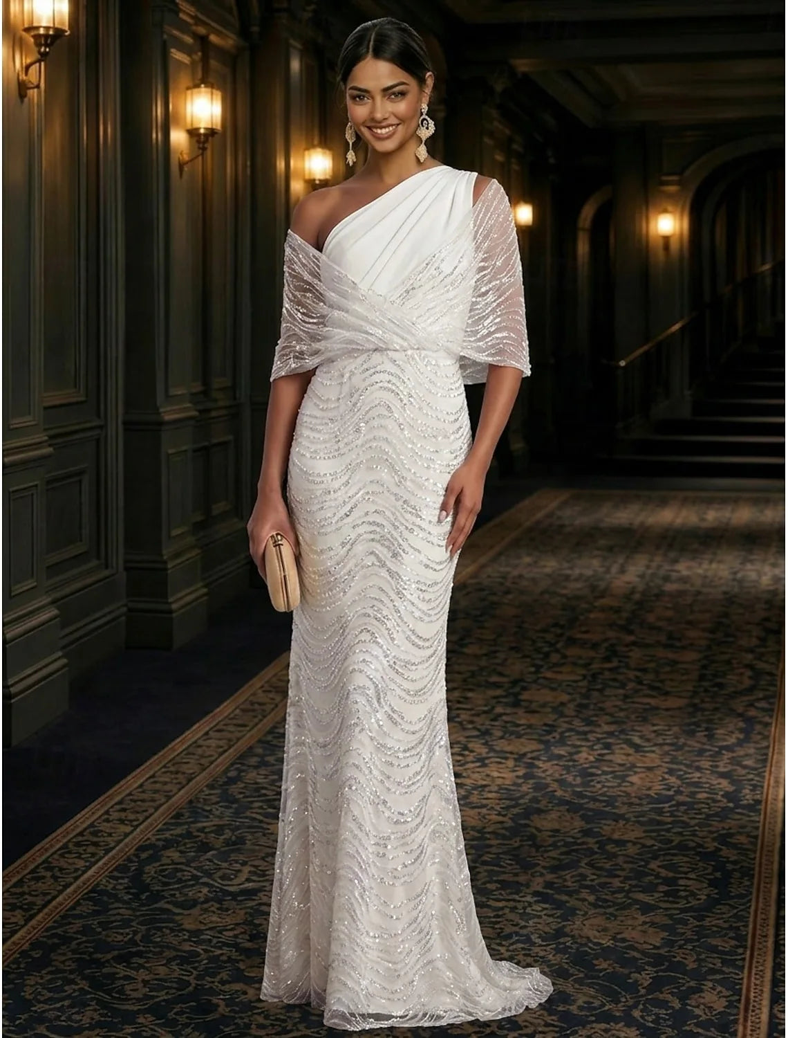 Glamorous Sheath One-Shoulder Draped Sequin Wavy Ivory Floor-Length Evening Gown