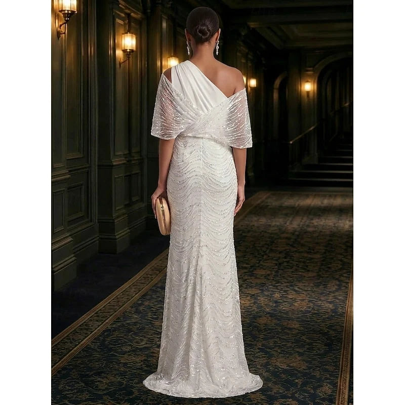Glamorous Sheath One-Shoulder Draped Sequin Wavy Ivory Floor-Length Evening Gown