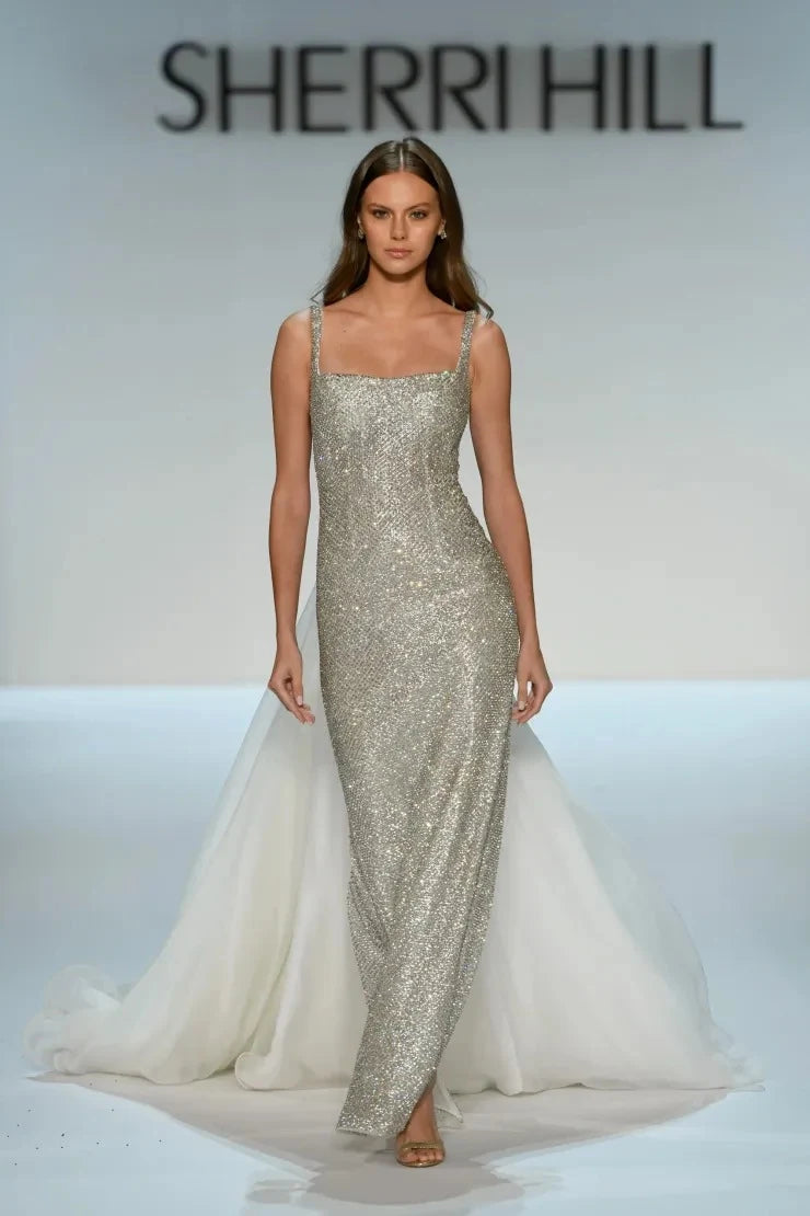 Glamorous Sheath Square Neck Sleeveless Beaded Backless Silver Floor-Length Prom Dresses Women's Gown