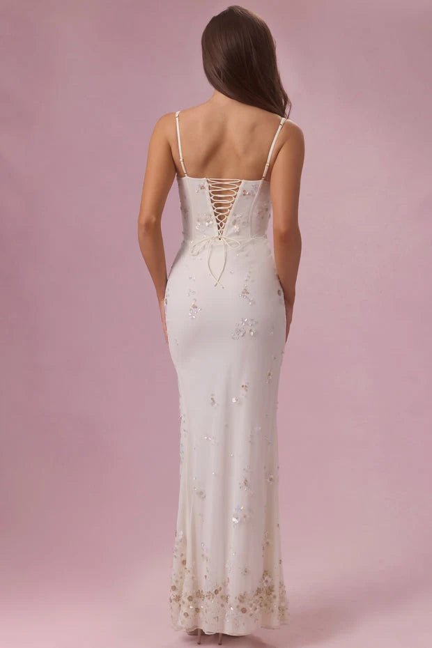 Glamorous Sheath Square Neck Sleeveless Sequin High Slit Ivory Floor Length Prom Dress