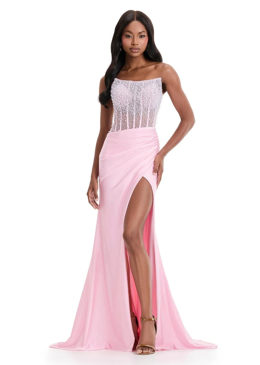 Glamorous Sheath Strapless Beaded High Slit Pink Floor-Length Prom Dresses Women's Gown