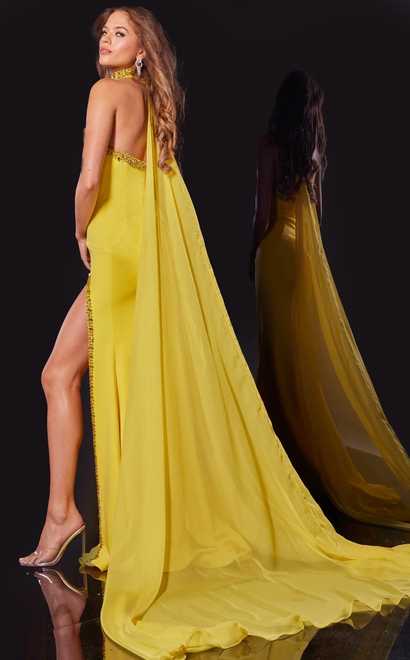 Glamorous Sheath Strapless High Slit Beaded Yellow Floor-Length Prom Dress