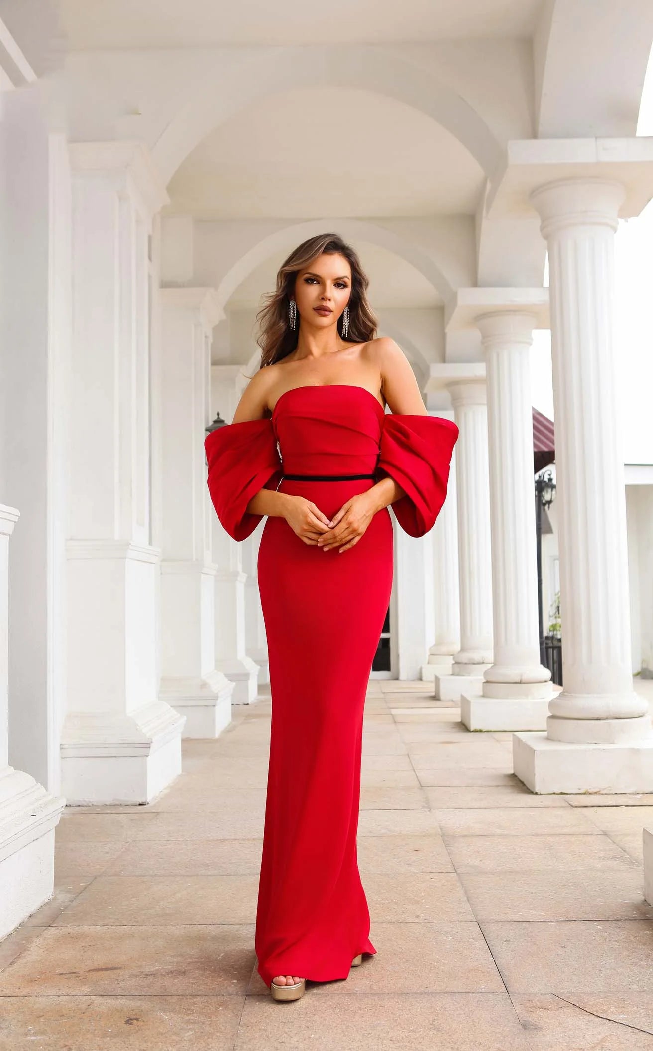 Glamorous Sheath Strapless Off-Shoulder Chic Red Floor-Length Prom Dress