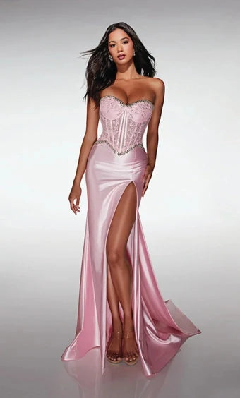 Glamorous Sheath Strapless Sleeveless Corset Slit Pink Long Prom Dresses
