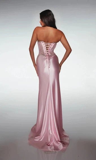 Glamorous Sheath Strapless Sleeveless Corset Slit Pink Long Prom Dresses