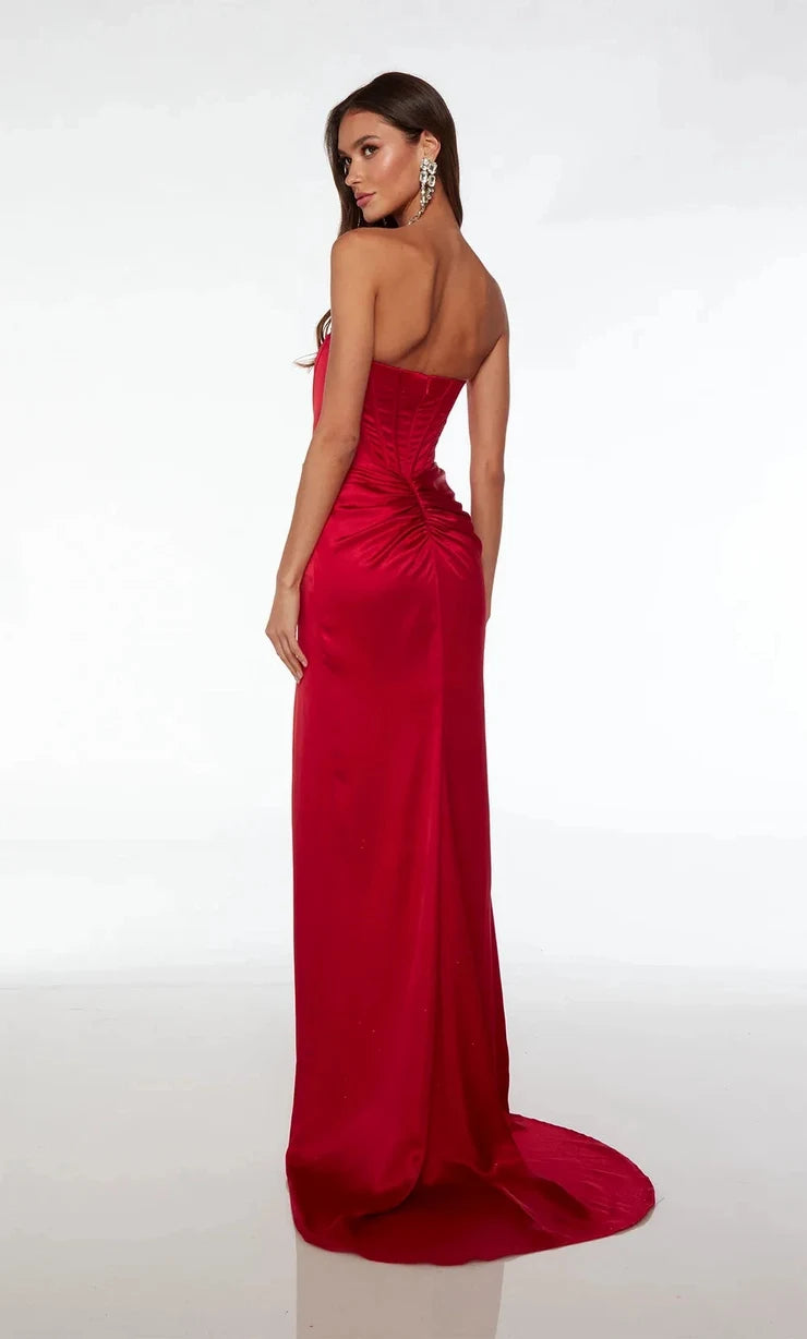 Glamorous Sheath Strapless Sleeveless Corset Slit Red Long Prom Dresses For Women