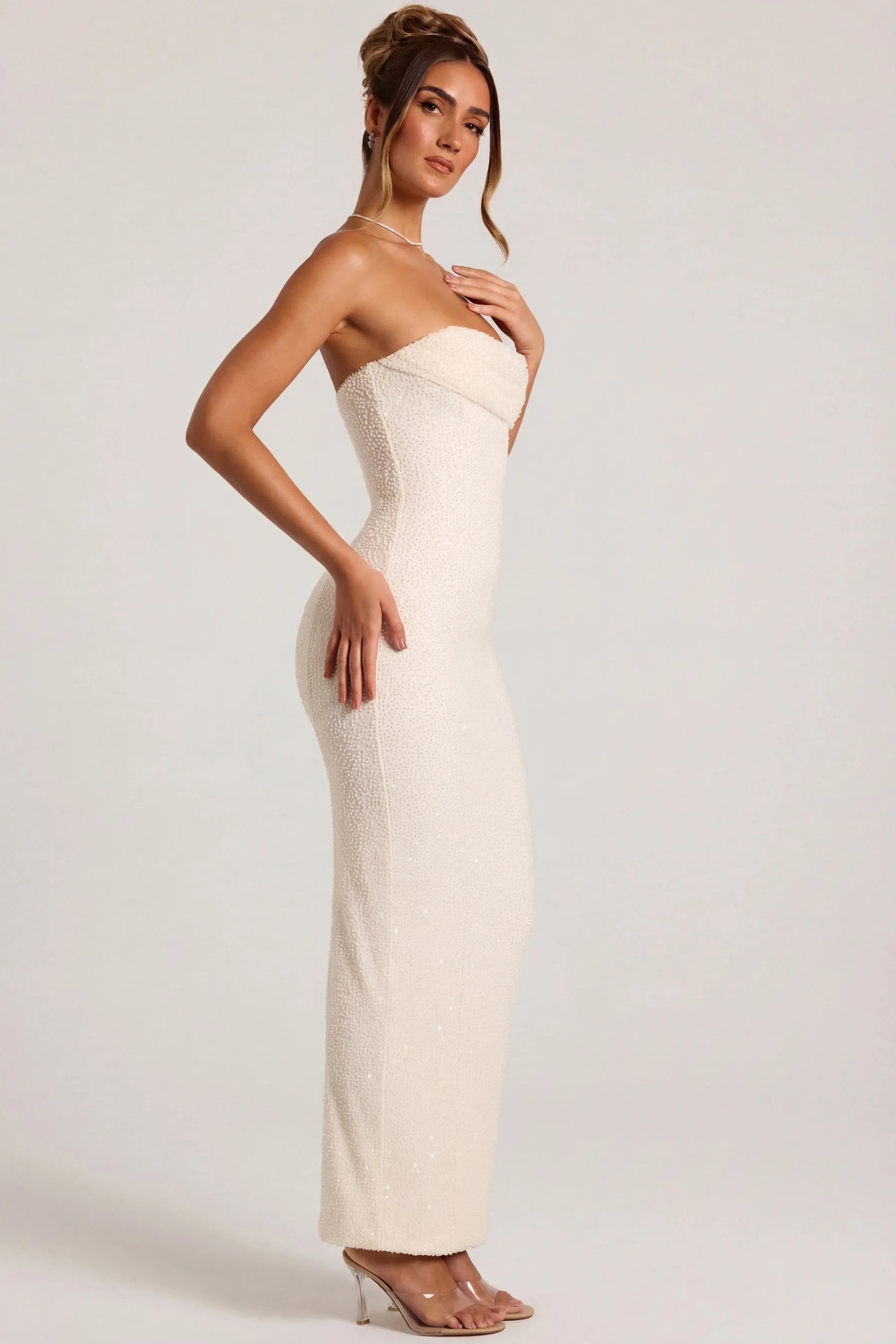 Glamorous Sheath Strapless Sleeveless Sparkle Sequin Ivory Maxi Prom Gown