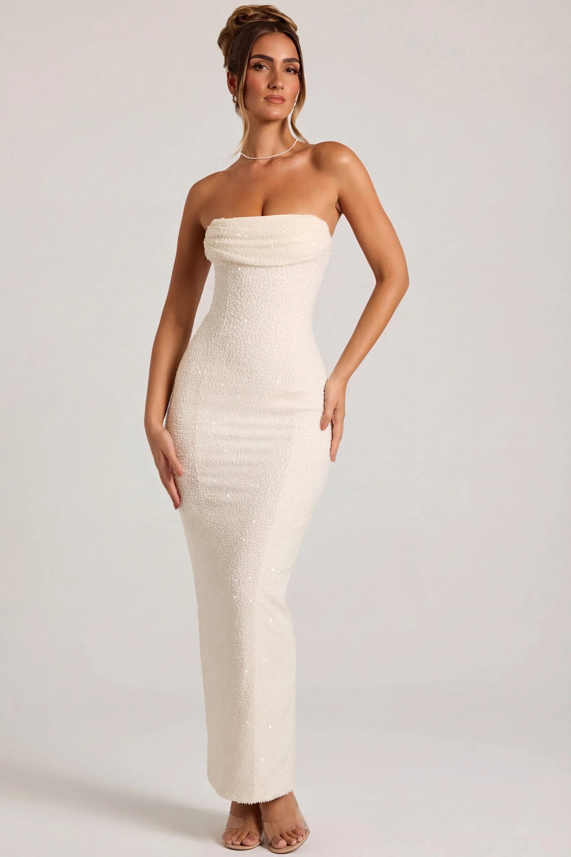 Glamorous Sheath Strapless Sleeveless Sparkle Sequin Ivory Maxi Prom Gown