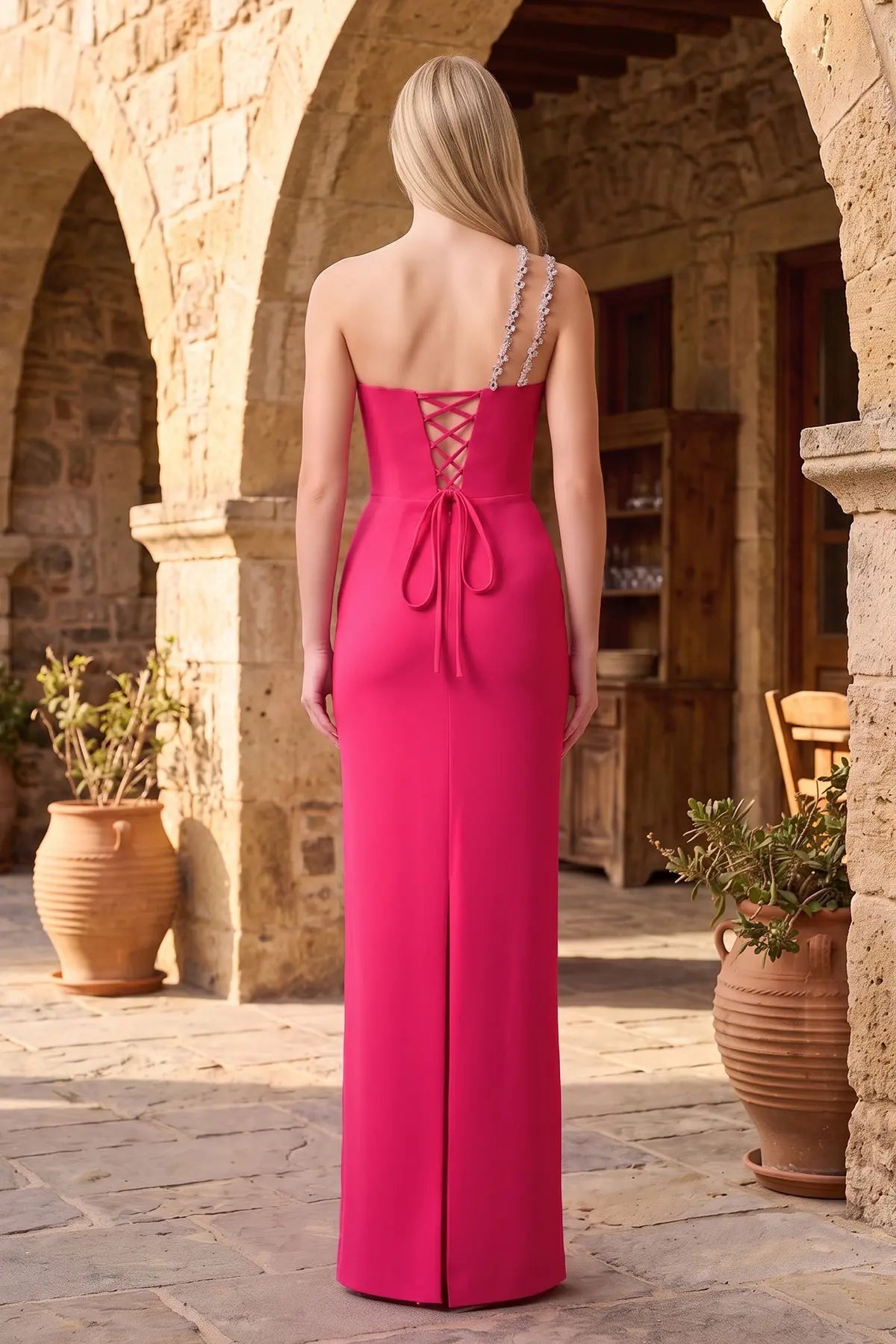 Glamorous Sheath Sweetheart Sleeveless Beaded Corset Fuchsia Maxi Prom Dresses Gown