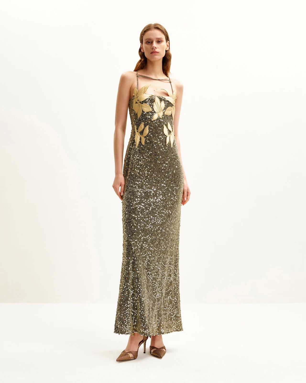 Glamorous Sheath Sweetheart Sleeveless Sequin Floral Gold Floor-Length Prom Gown