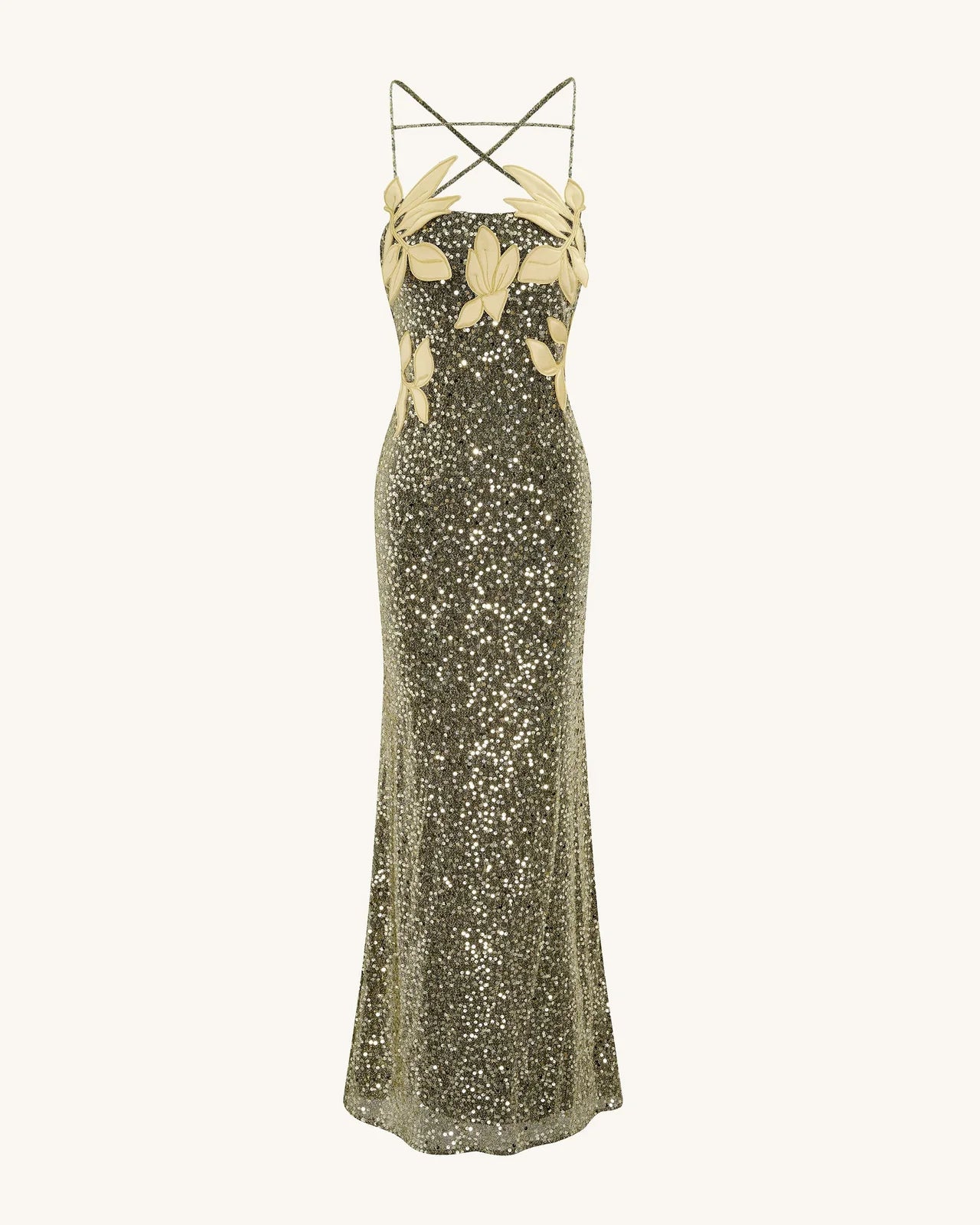 Glamorous Sheath Sweetheart Sleeveless Sequin Floral Gold Floor-Length Prom Gown