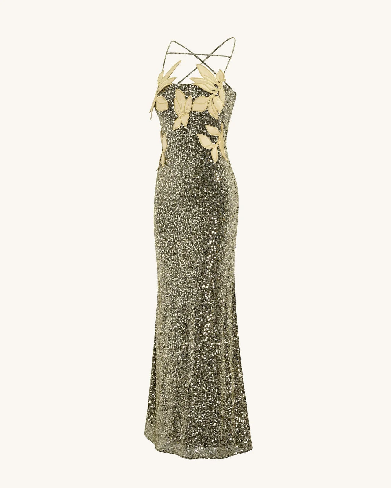 Glamorous Sheath Sweetheart Sleeveless Sequin Floral Gold Floor-Length Prom Gown