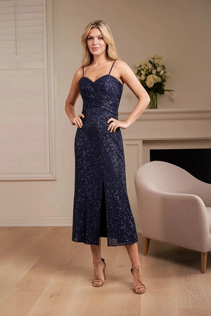 Glamorous Sheath Sweetheart Sleeveless Sequin Slit Navy Midi Prom Dress Women's