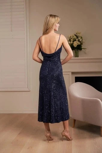 Glamorous Sheath Sweetheart Sleeveless Sequin Slit Navy Midi Prom Dress Women's