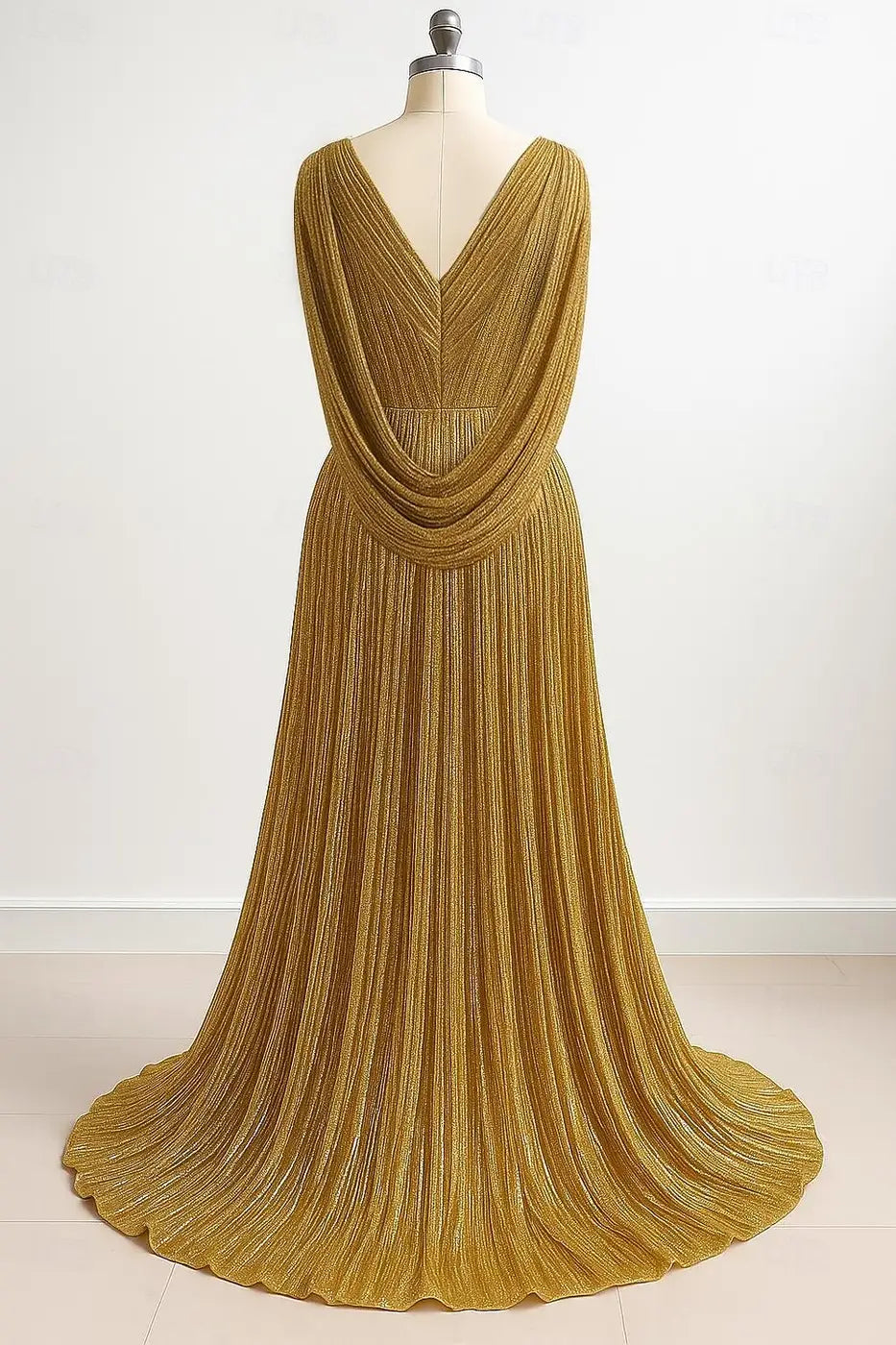 Glamorous Sheath V-Neck Cape Sleeves Pleated Gold Floor-Length Evening Gown