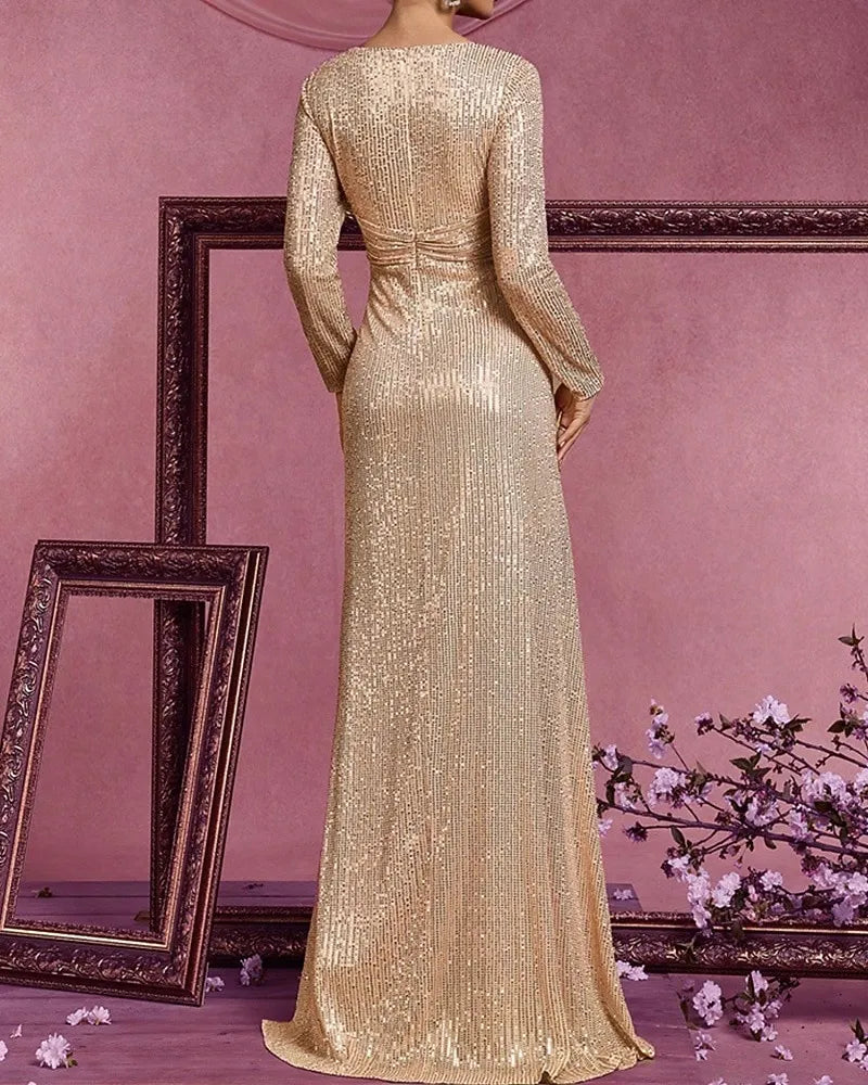 Glamorous Sheath V-Neck Long Sleeve Sequin Gold Floor-Length Prom Dresses Gown