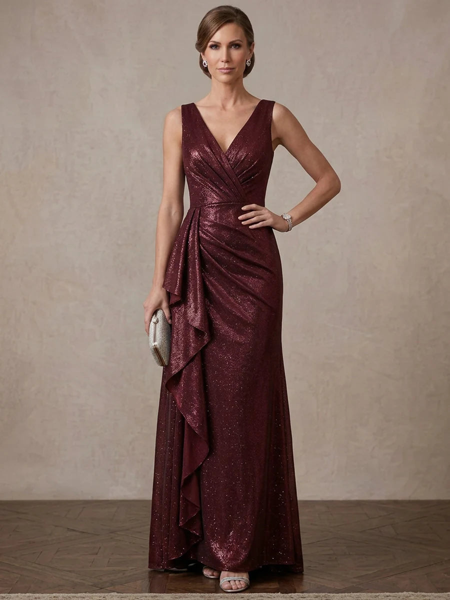 Glamorous Sheath V-Neck Sleeveless Cascading Burgundy Mother Of The Bride Dress