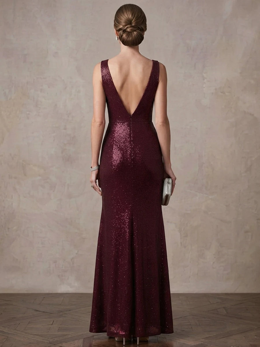 Glamorous Sheath V-Neck Sleeveless Cascading Burgundy Mother Of The Bride Dress