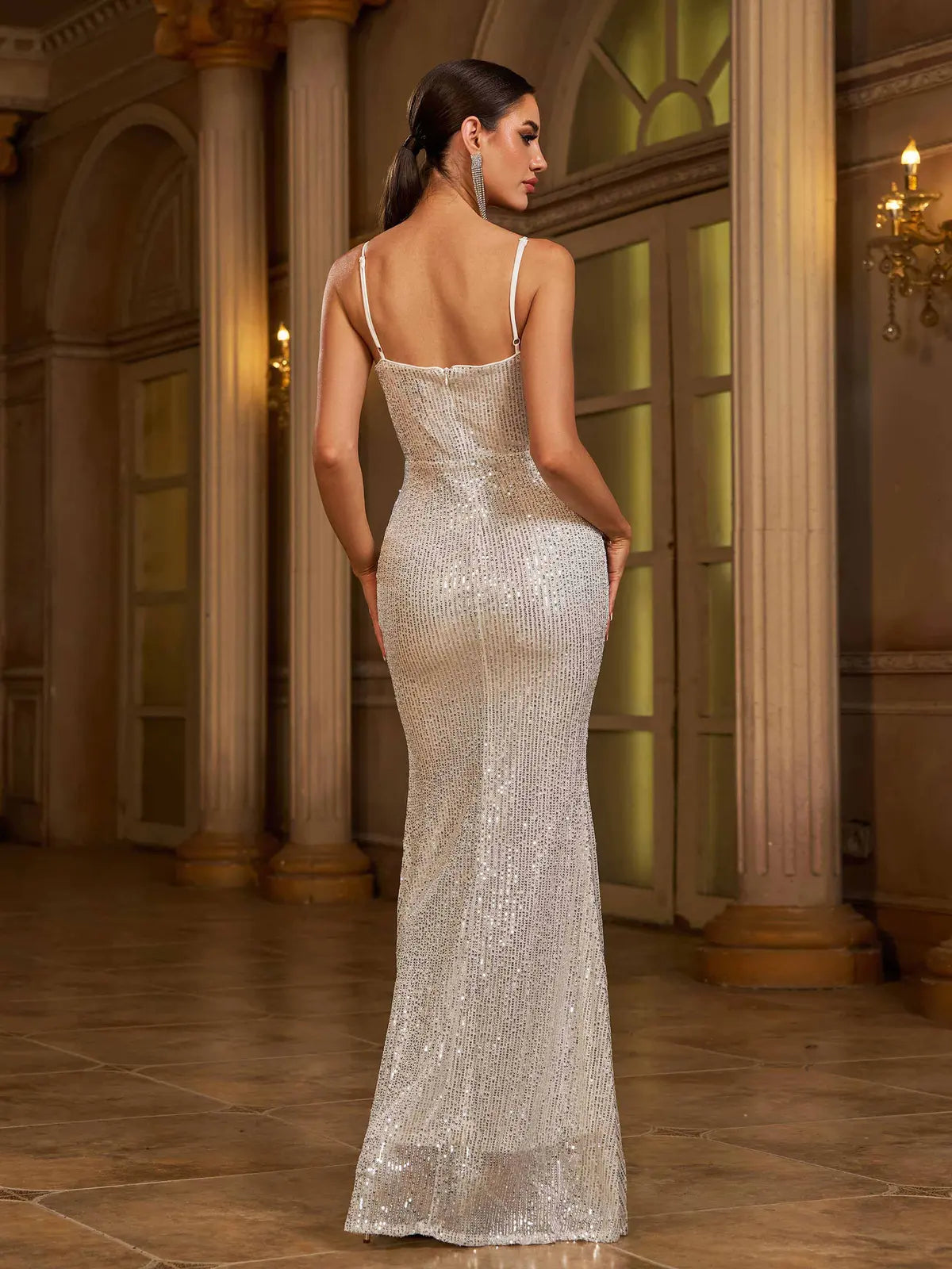 Glamorous Sheath V-Neck Sleeveless Sequin High Slit Silver Long Prom Dress