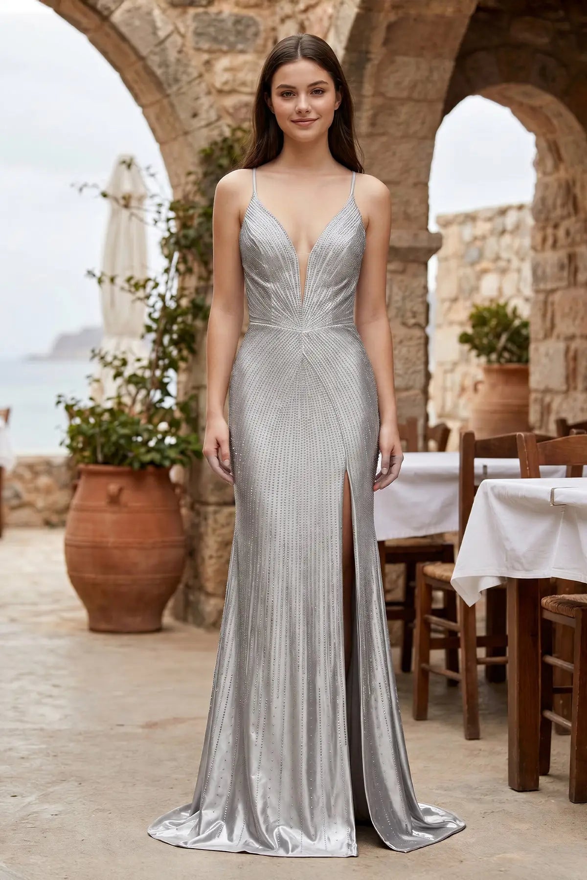Glamorous Sheath V-Neck Sleeveless Sparkly Slit Silver Long Prom Dresses Women