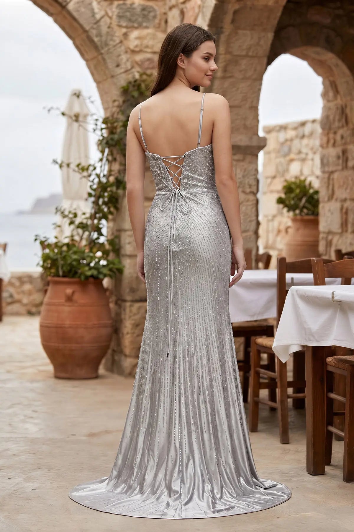 Glamorous Sheath V-Neck Sleeveless Sparkly Slit Silver Long Prom Dresses Women