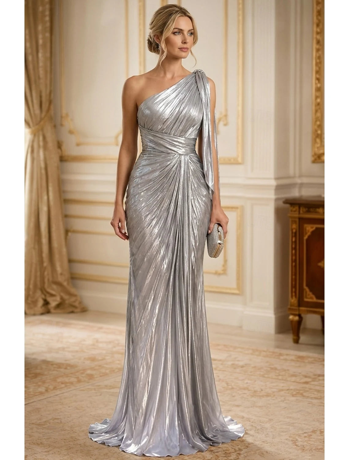 Glamorous Slim One-Shoulder Draped Shimmering Silver Floor-Length Evening Dresses Women Gown