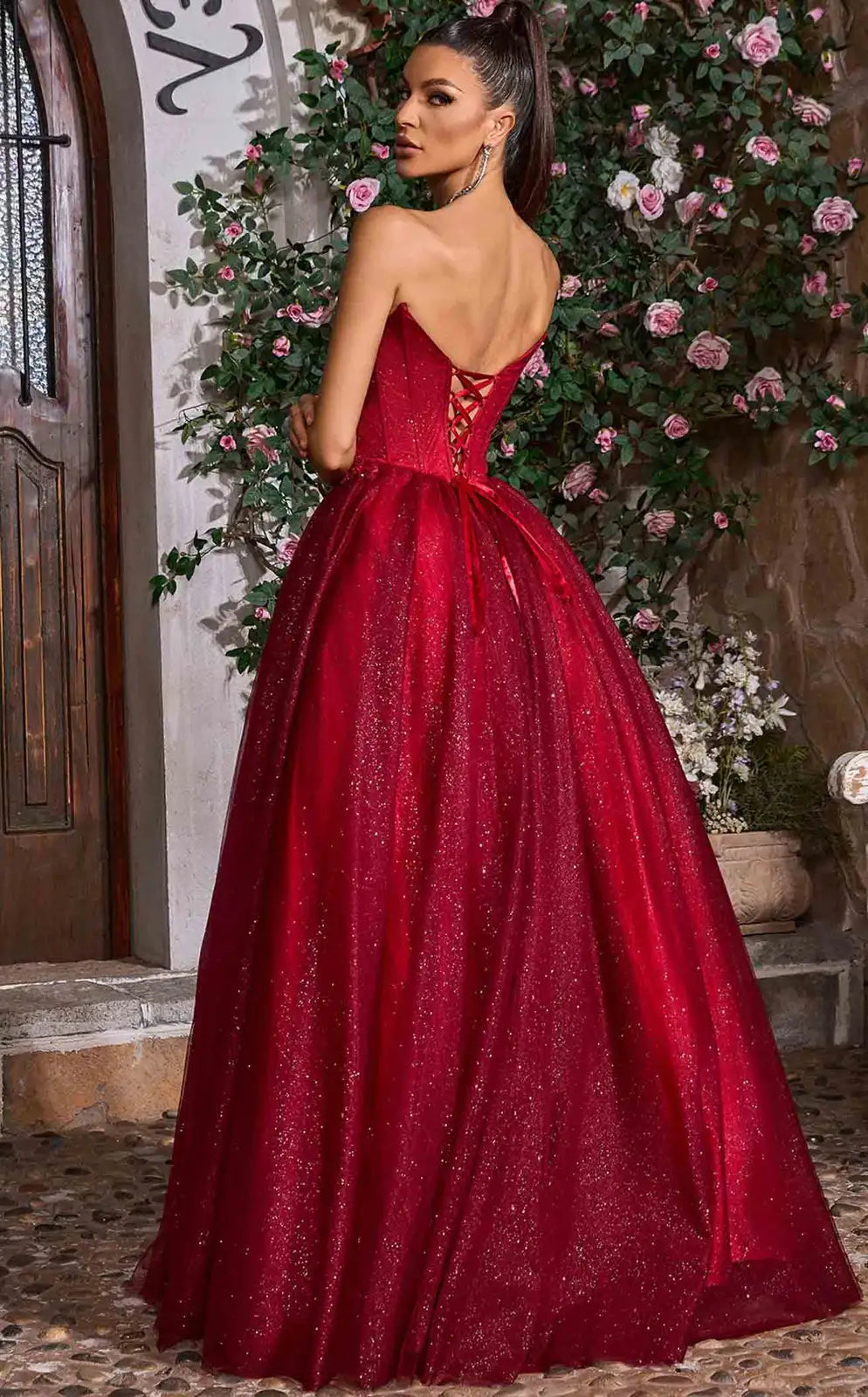 Glamorous Strapless Ball Gown Glittering Corset Red Floor-Length Prom Dress