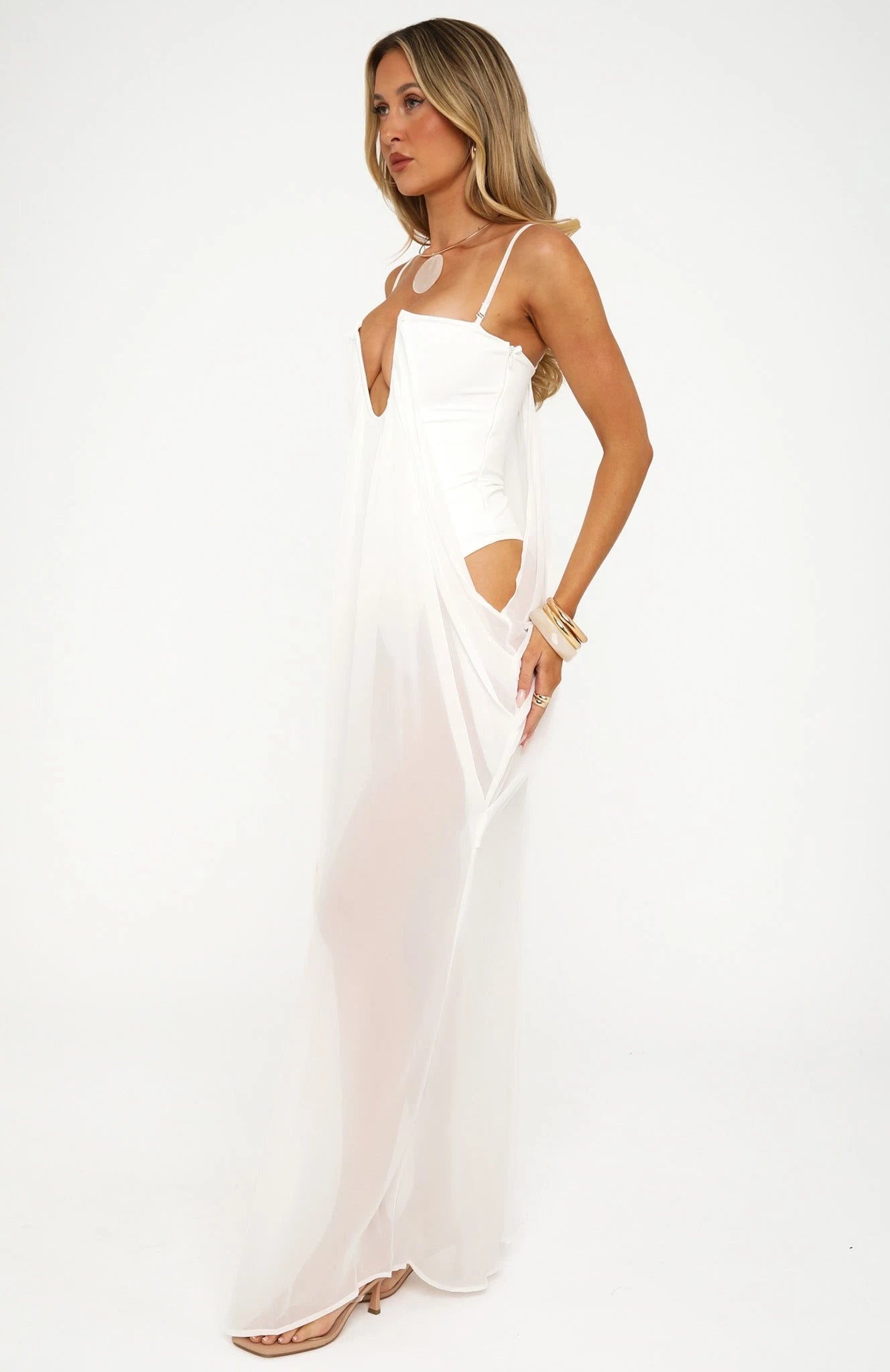 Glamorous Strapless Deep V-Neck Sheer Draped White Maxi Prom Gown
