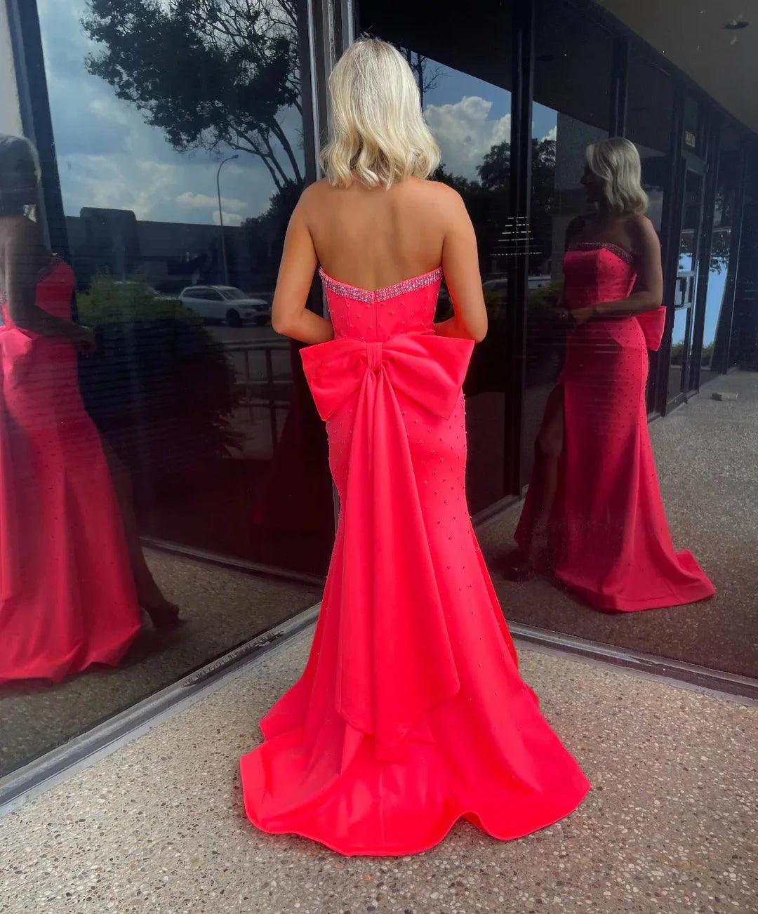 Glamorous Strapless Mermaid Beaded Bow Back Neon Pink Long Prom Dress Women