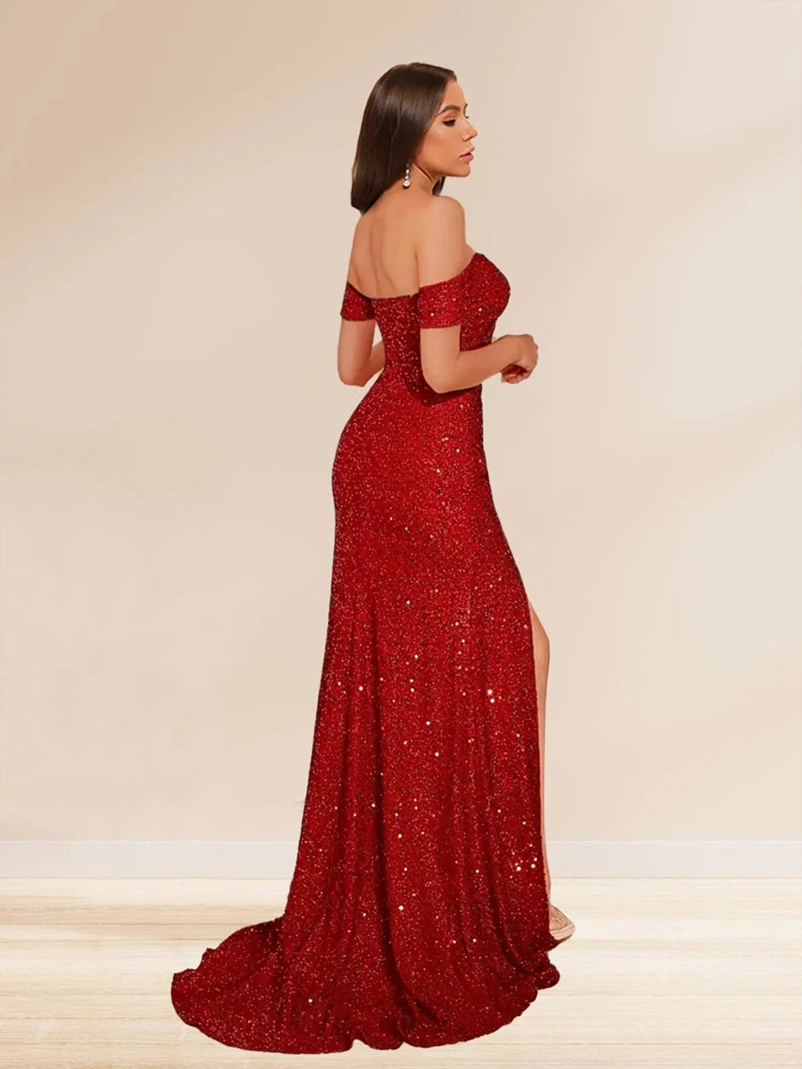 Glamorous Sweetheart Off-Shoulder Sequin Slit Red Floor-Length Prom Gown