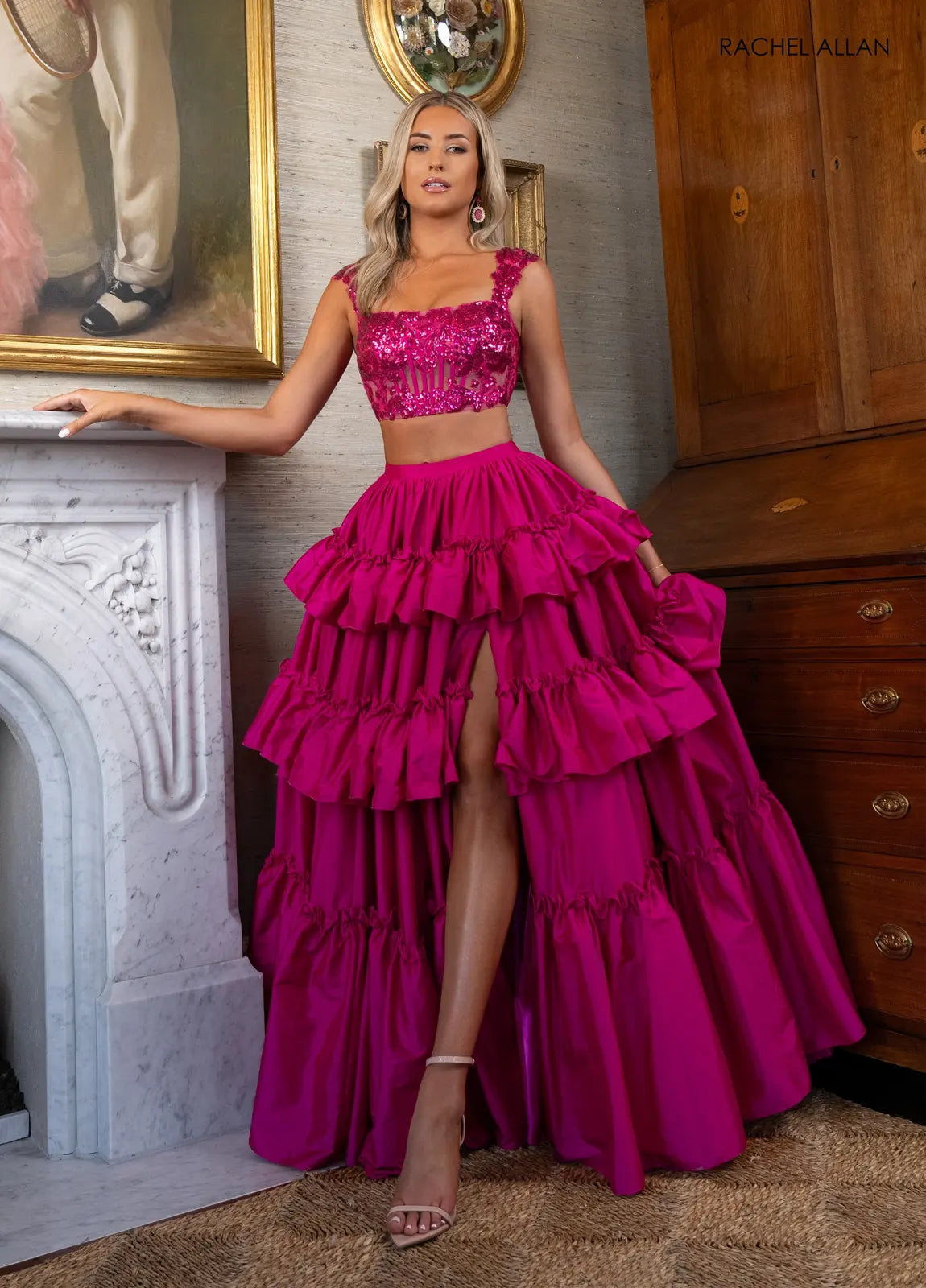 Glamorous Two-Piece Square Neck Sleeveless Sequin Tiered Fuchsia Floor-Length Prom Gown