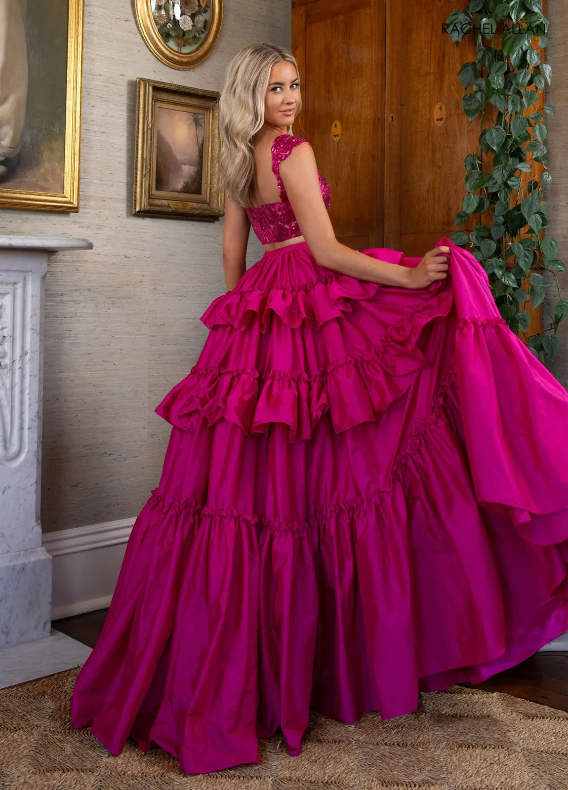 Glamorous Two-Piece Square Neck Sleeveless Sequin Tiered Fuchsia Floor-Length Prom Gown