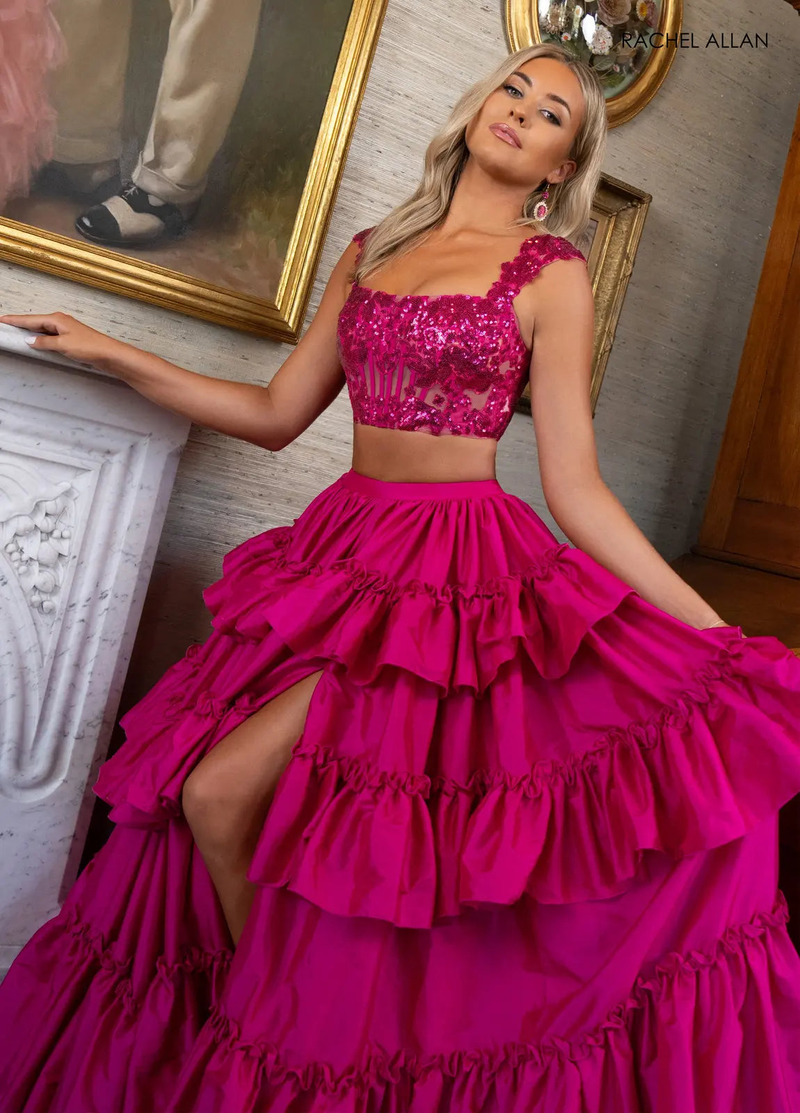 Glamorous Two-Piece Square Neck Sleeveless Sequin Tiered Fuchsia Floor-Length Prom Gown