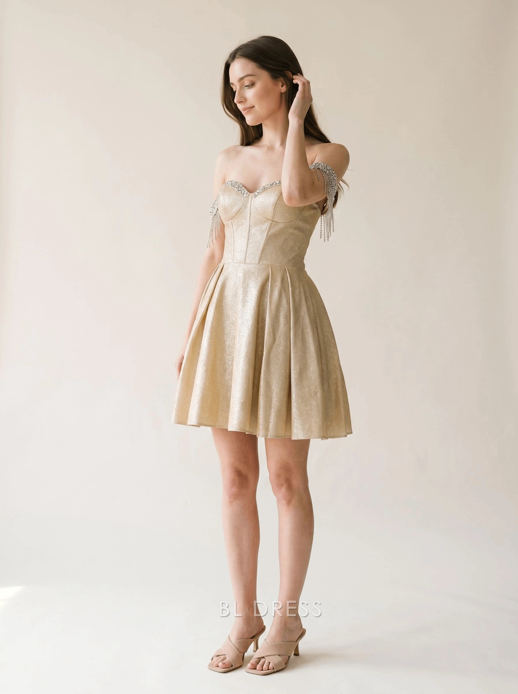Glitter Gold Off Shoulder Rhinestone Fringe Corset Lace Up Back A Line Short Homecoming Dress