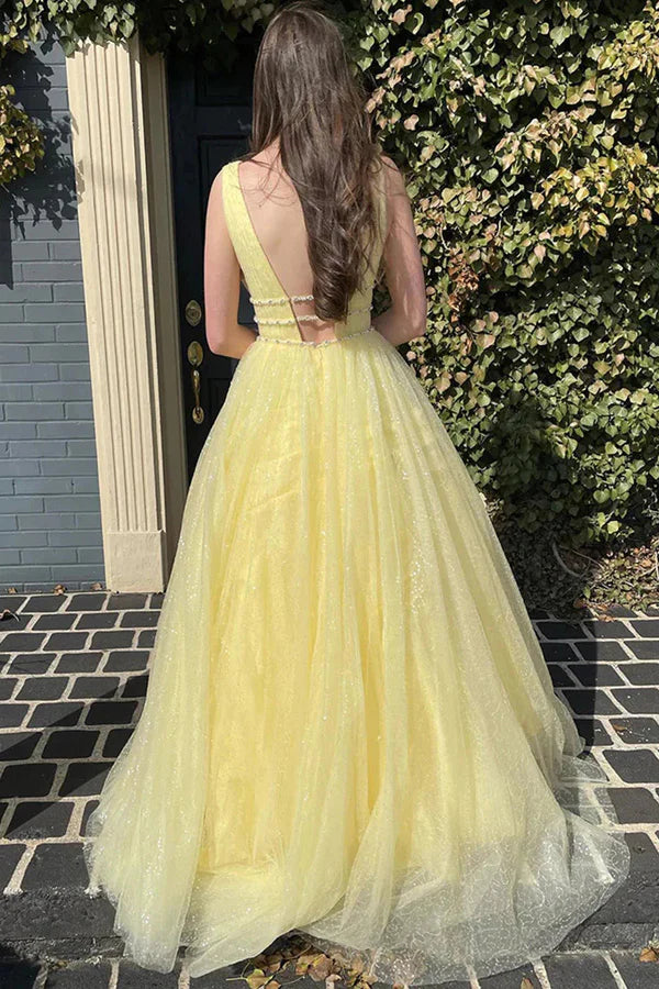 A-Line Beaded Glitter Long Tulle Formal Prom Dress