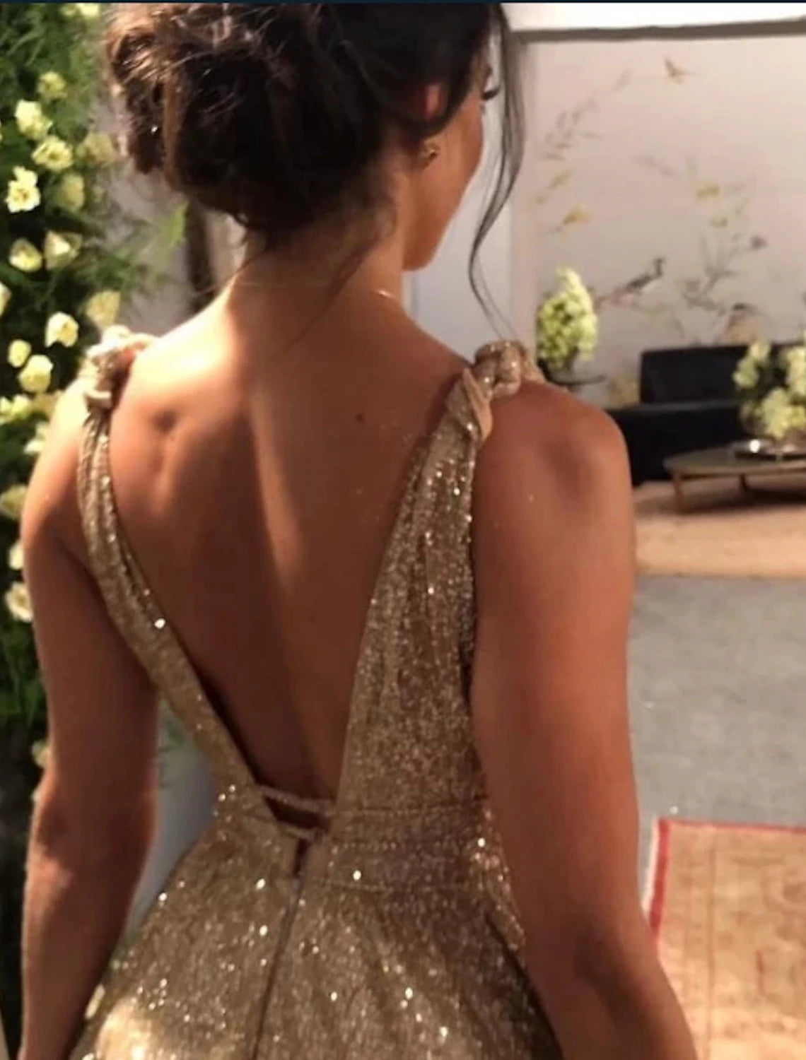 Side profile of the A-line formal dress, highlighting its flattering silhouette.
