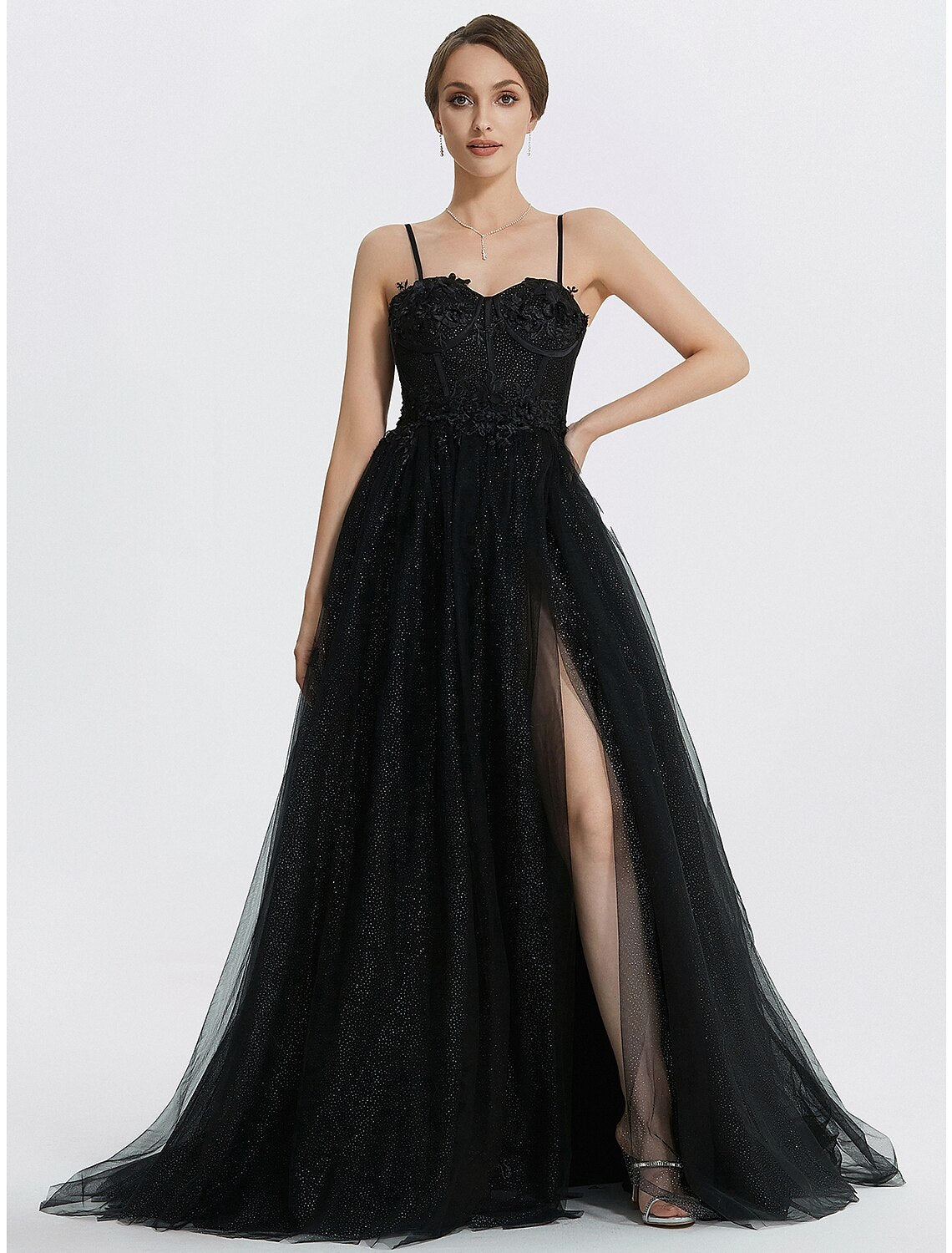 Side view of the A-line prom dress, highlighting its flowing floor-length design.